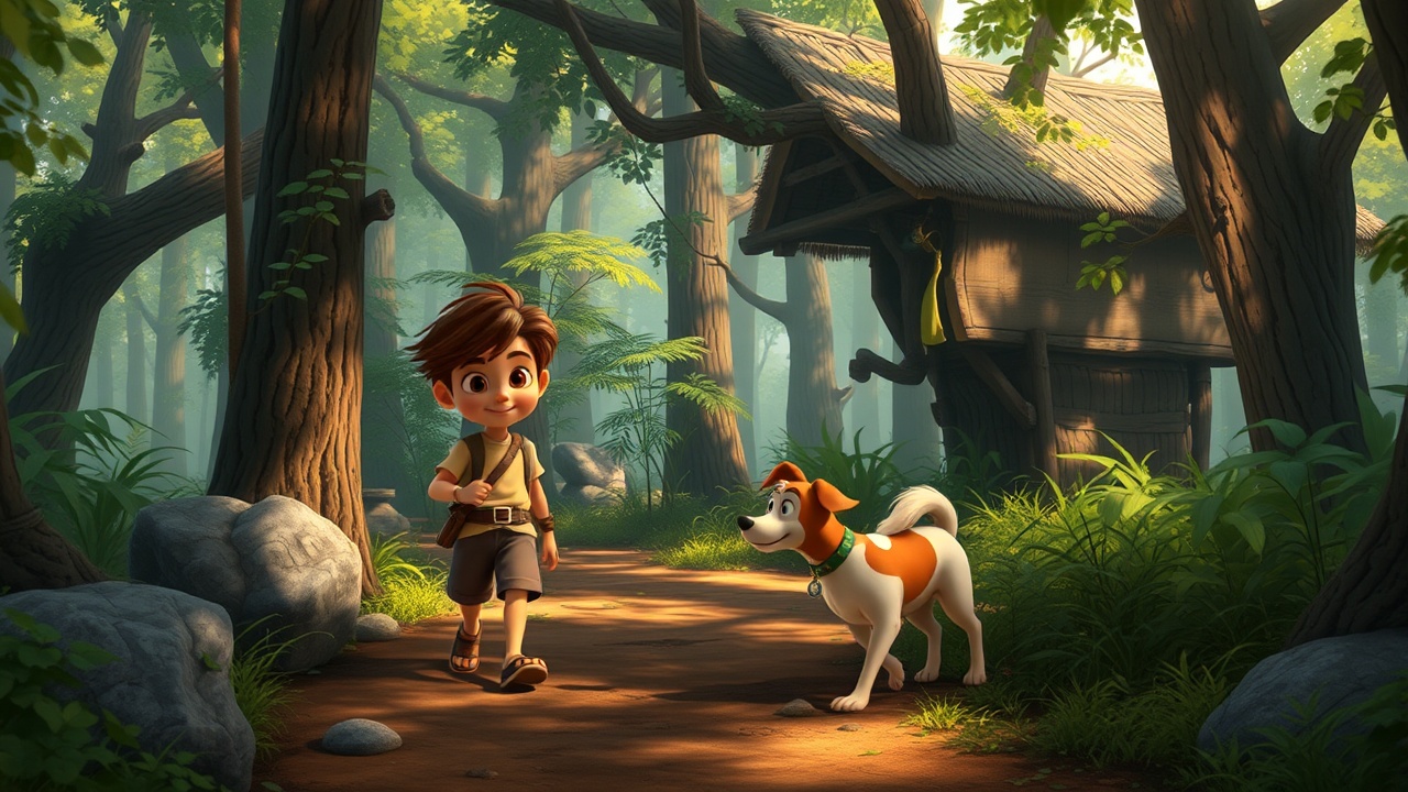AI generated image by FLUX.1-schnell: a village boy in disney pixar style is walking through the forest with his pet dog