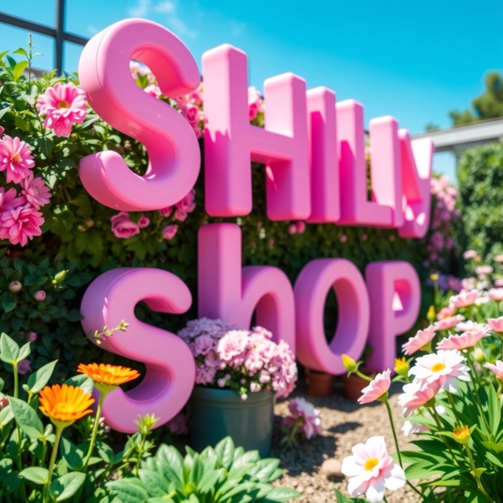 AI generated image by FLUX.1-schnell: extrud text color pink in garden : shily shop
