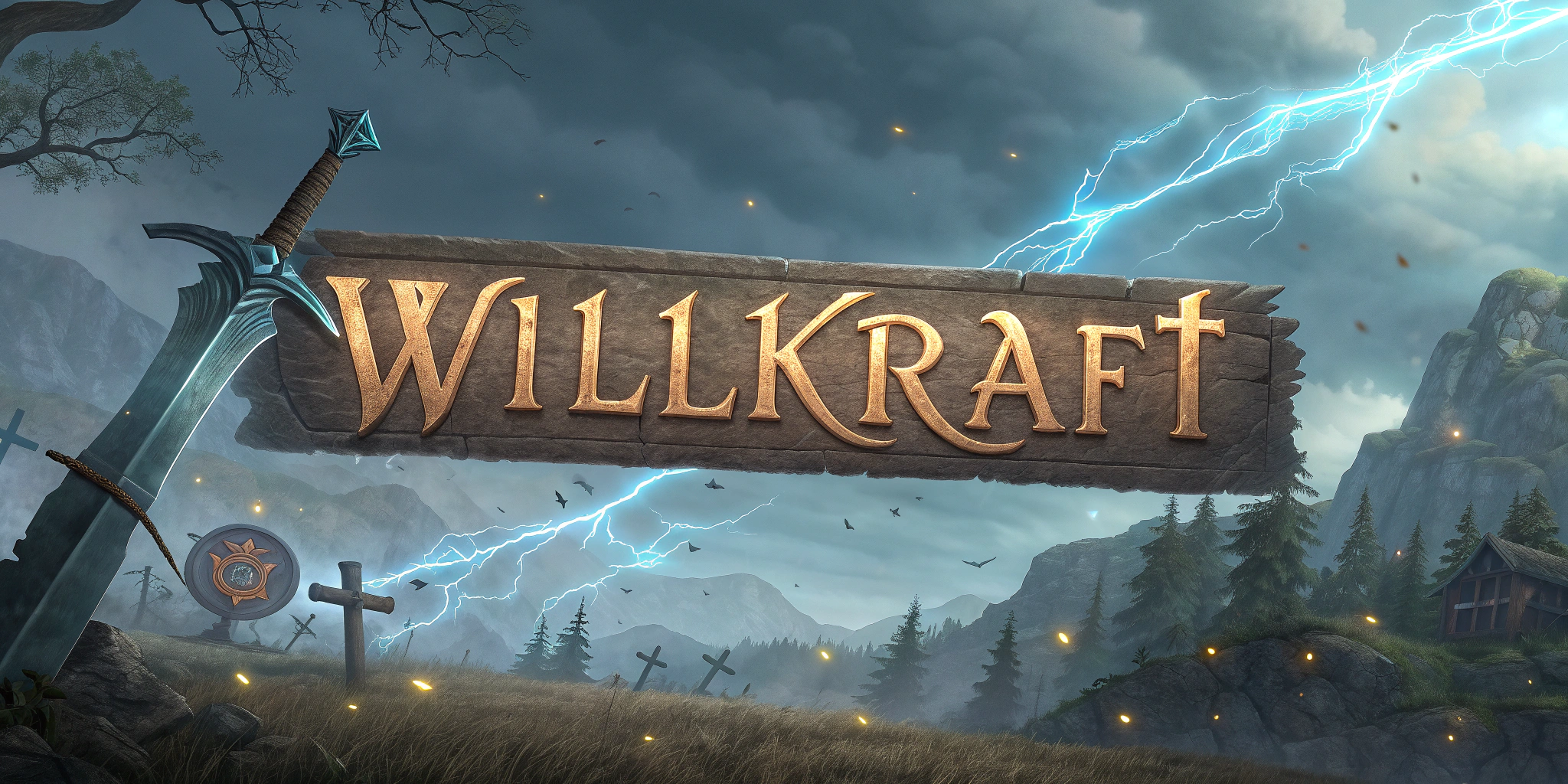 AI generated image by Red Panda AI: Un banner con temática de fantasía épica para un canal de transmisión de juegos llamado 'WillKraft', diseñado para adaptarse a un diseño amplio. El cartel presenta una fuente desgastada de estilo medieval con el texto 'WillKraft' brillando débilmente con energía mágica. El fondo muestra un campo de batalla encantado, accidentado y caótico, con runas místicas, un escudo roto y una espada destrozada. Nubes oscuras y auras mágicas de un azul tenue llenan la atmósfera, mezclándose con tonos dorados y plateados apagados. Los bordes tienen un efecto desgastado y texturizado, creando un diseño atrevido e inmersivo inspirado en un juego de rol. Perfecto para una plataforma de streaming de juegos de fantasía como Kick".