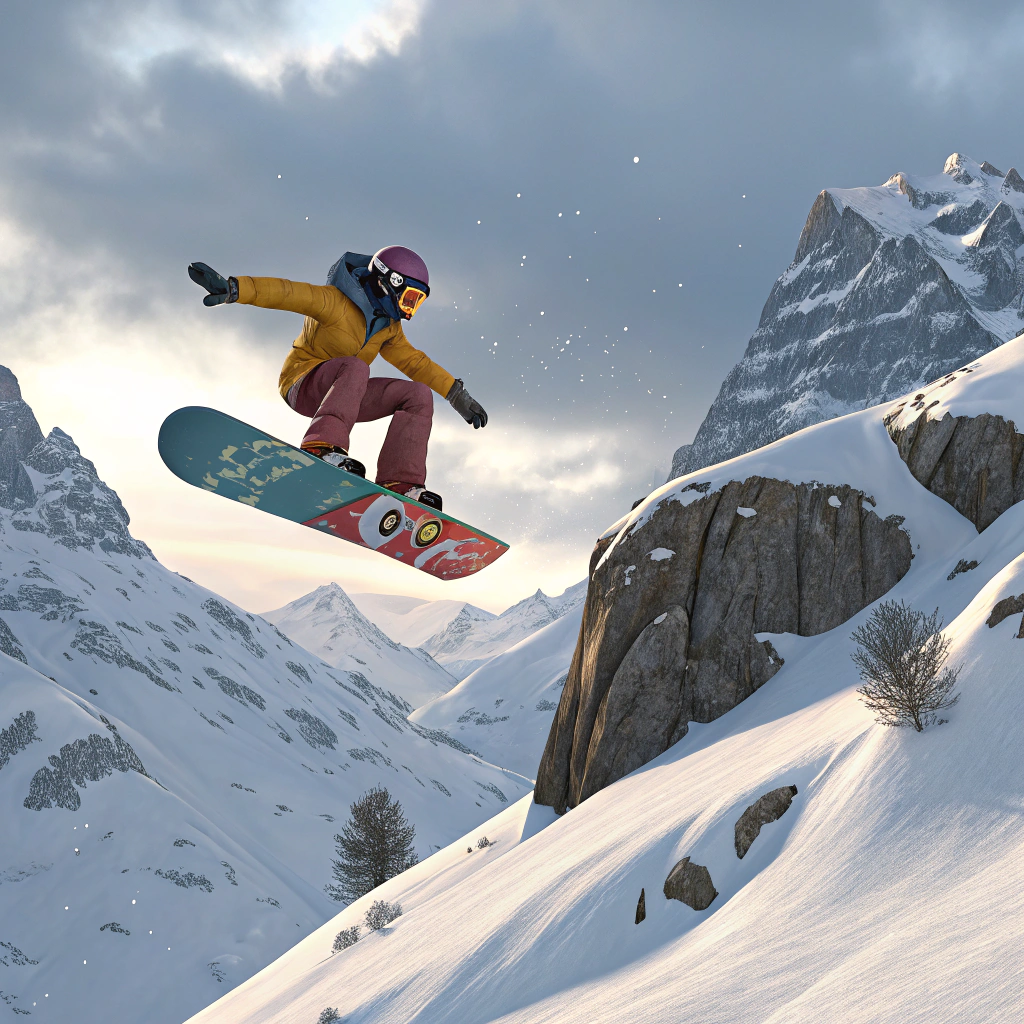 AI generated image by Red Panda AI: Generate an image of a sonwboarder jumping in a montain. The sonwboard must be with a great design and the style must be 3d cartoon.