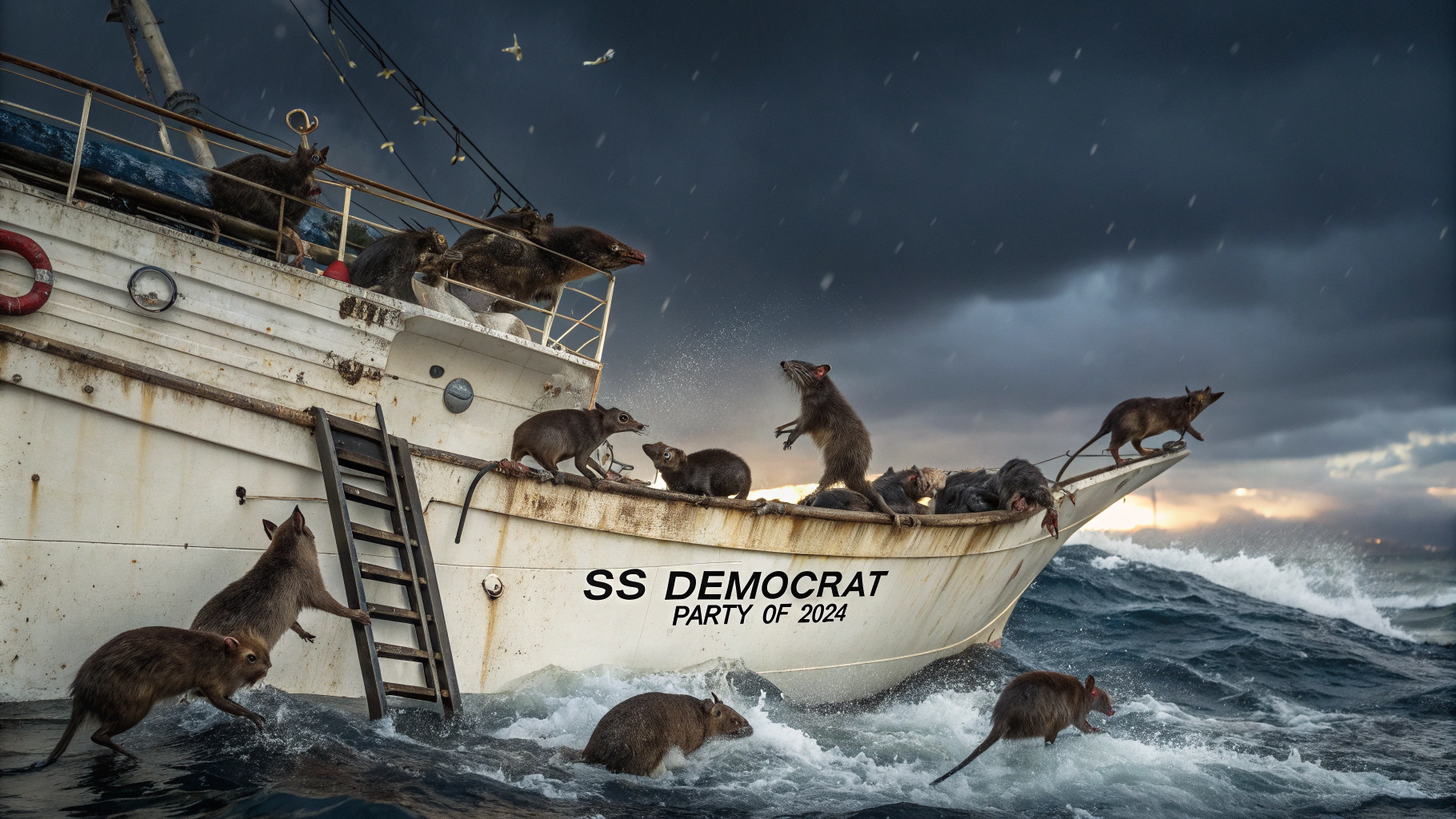 AI generated image by Red Panda AI: many rats jumping off a sinking ship. the ship is named "SS DEMOCRAT PARTY OF 2024"