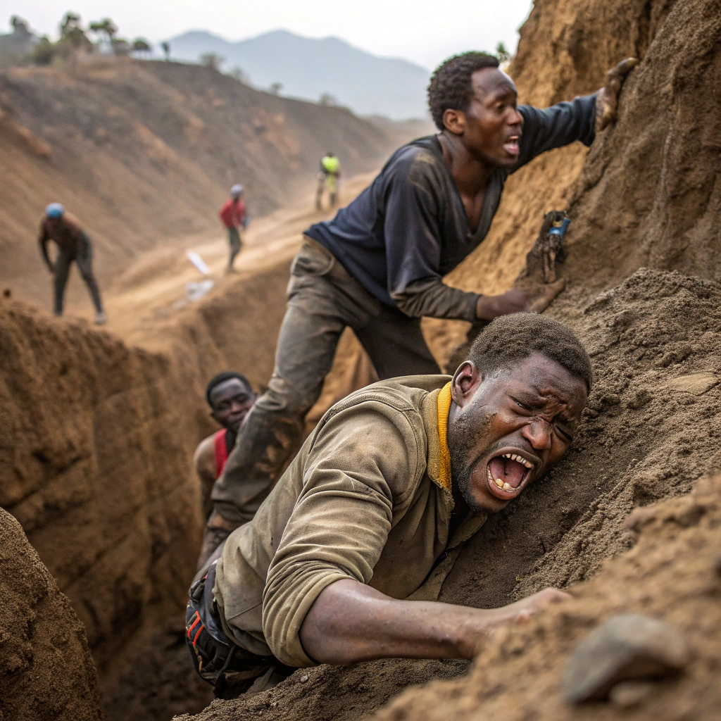 AI generated image by Red Panda AI: gold miners in trouble, gold miners scared, gold miners scared, gold miners falling off a cliff
