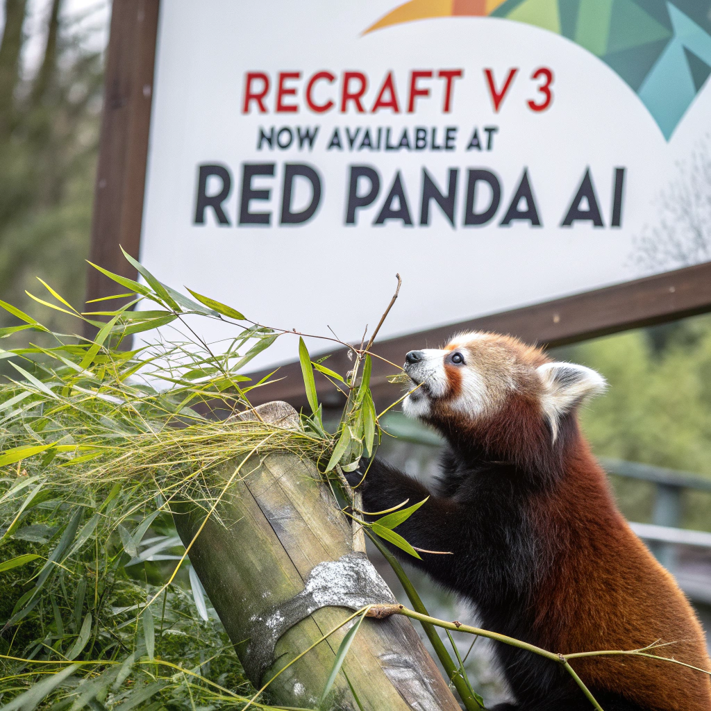 AI generated image by Red Panda AI: a red panda eating a bamboo in front of a poster that says "recraft V3 now available at red panda ai