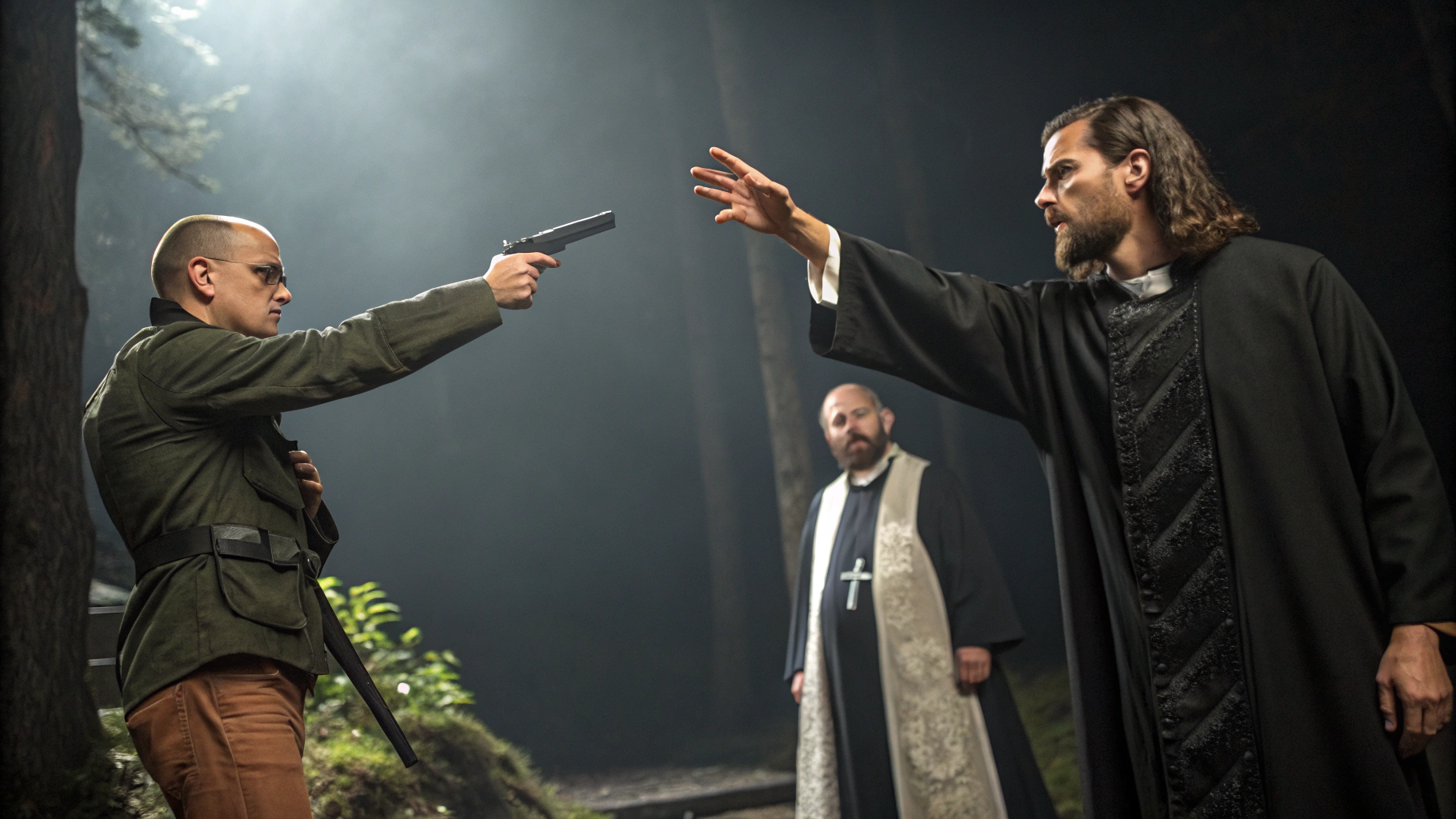 AI generated image by Red Panda AI: Cree una imagen de tres personas queriendo matar a Jesus. Un pastor evangelico con una pistola, una mujer prostituta con un cuchillo y un sacerdote catolico con sus manos. renderizado 3D, ilustración. cinematográfico, tipografía