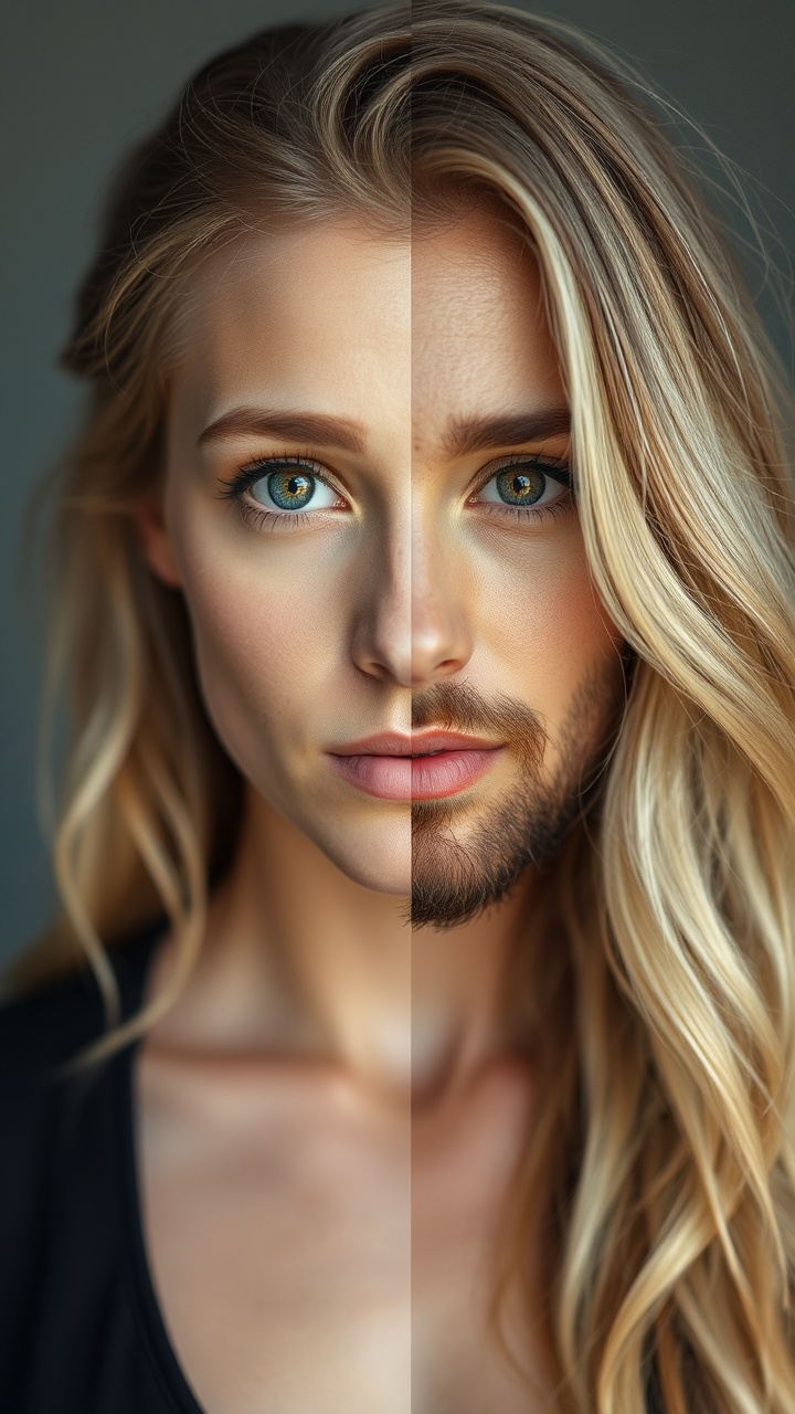 AI generated image by FLUX.1-schnell: A front facing portrait that is half male with brown facial hair on the right, half female with blond hair on the left