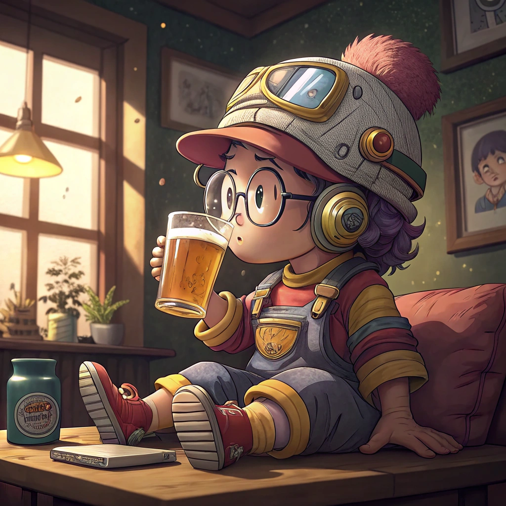 AI generated image by FLUX.1-schnell: dr.slump arale drinking beer with glass on table