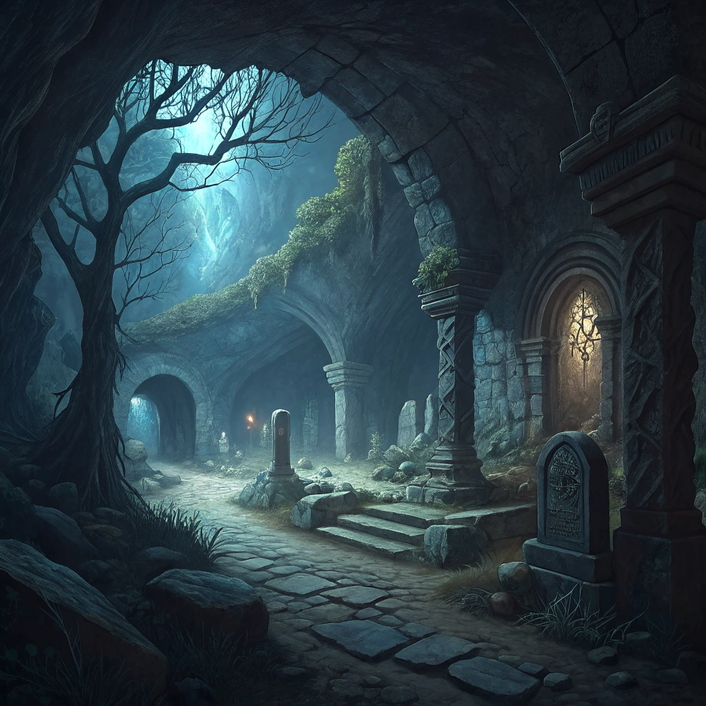 AI generated image by Red Panda AI: Oil painting style，album cover, dark and serene dungeon, cool tones