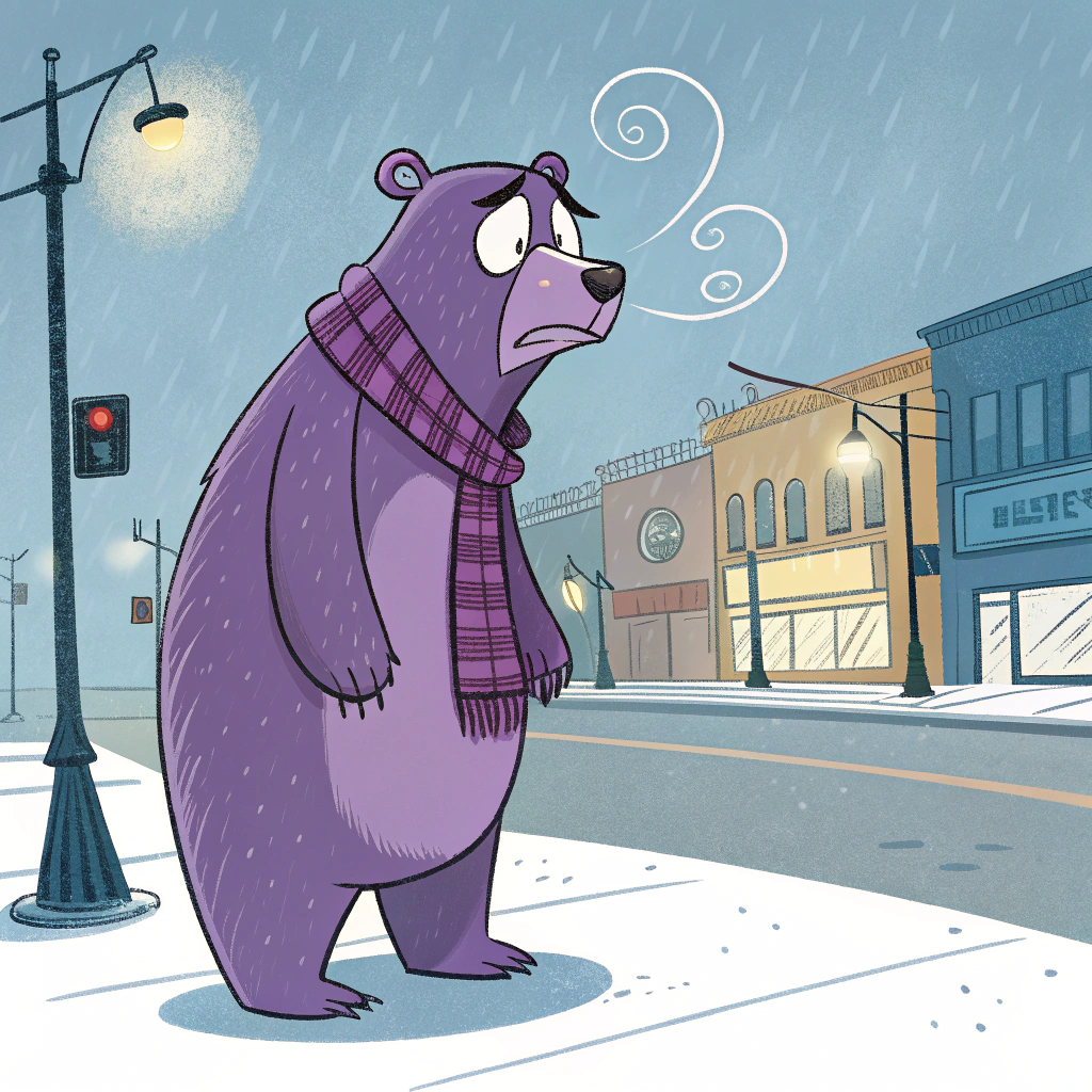 AI generated image by Red Panda AI: purple bear standing and shivering in the freezing cold outside on a downtown street in Blair, nebraska, the purple bear can see his breath in the air, it's frigid cold, it's freezing cold outside, the cartoon style bear is cold