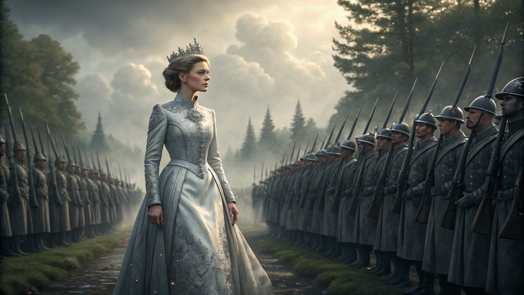 AI generated image by Red Panda AI: the princess with silver clothing and standing in the center of the military, she is surrounded by many soldiers 