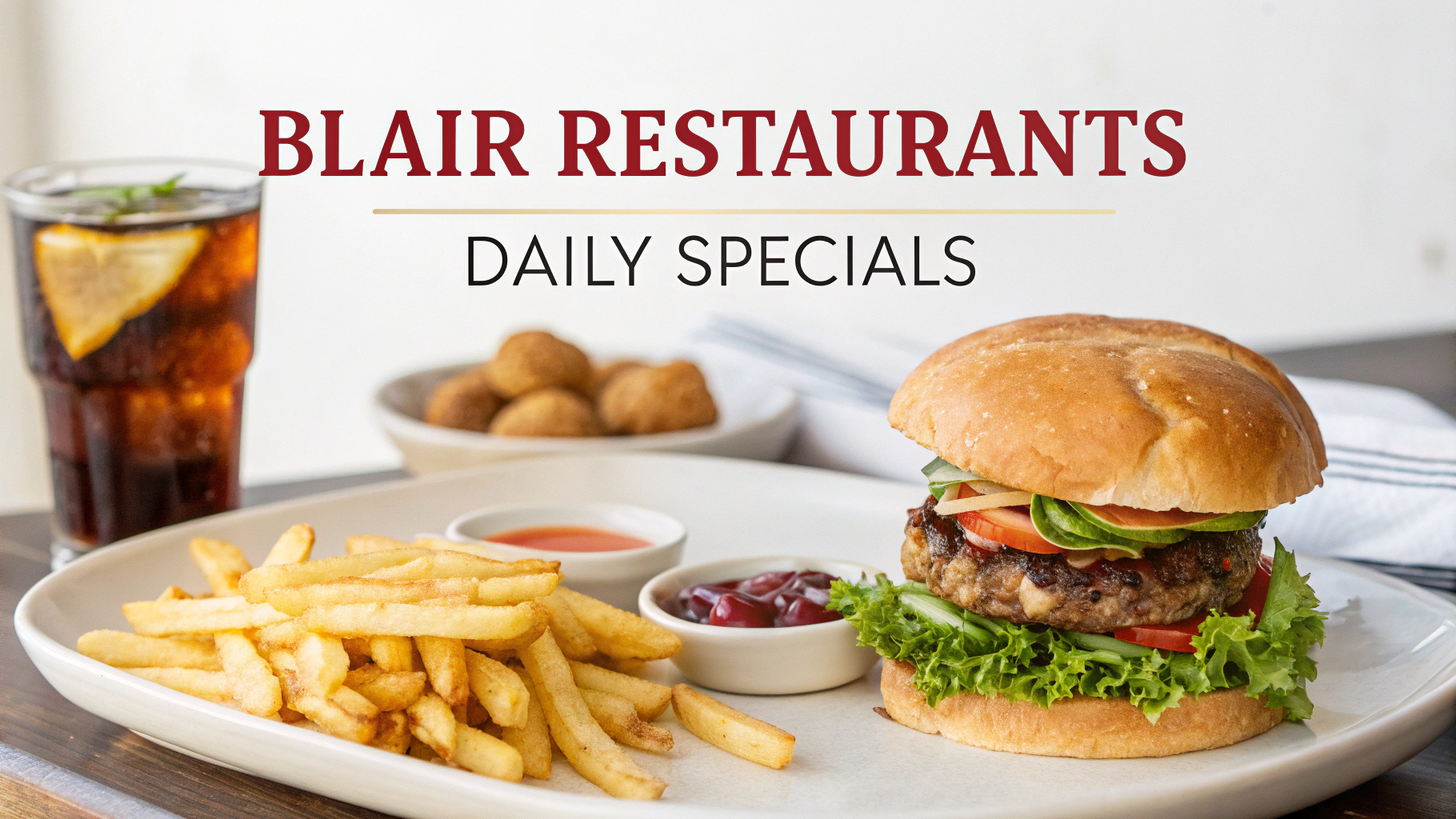 AI generated image by Red Panda AI: menu-inspired header graphic with these features: "Blair Restaurants Daily Specials", burger and fries.  Soda and salad.