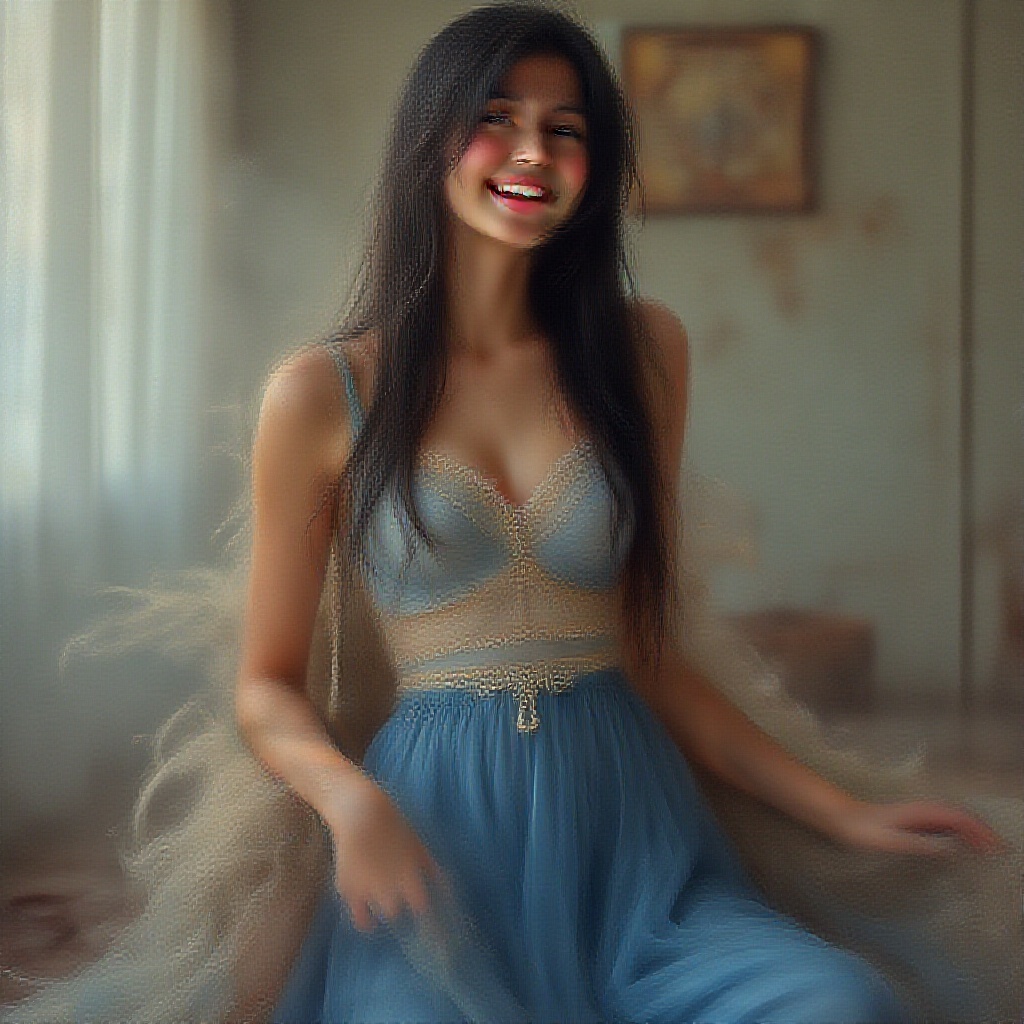 AI generated image by FLUX.1-pro: a mind blowing super realistic 8k image of an indian girl with a fair face, with a height of 175cm, long black hair, smiling happily for a photoshoot in a long blue skirt in a hotel room