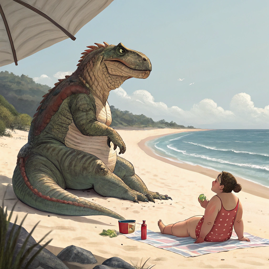 AI generated image by Red Panda AI: Dibuja un dinosaurio musculoso pero panzon, tomando sol en la playa junto a una chica gordita. Hazlo en un estilo realista


