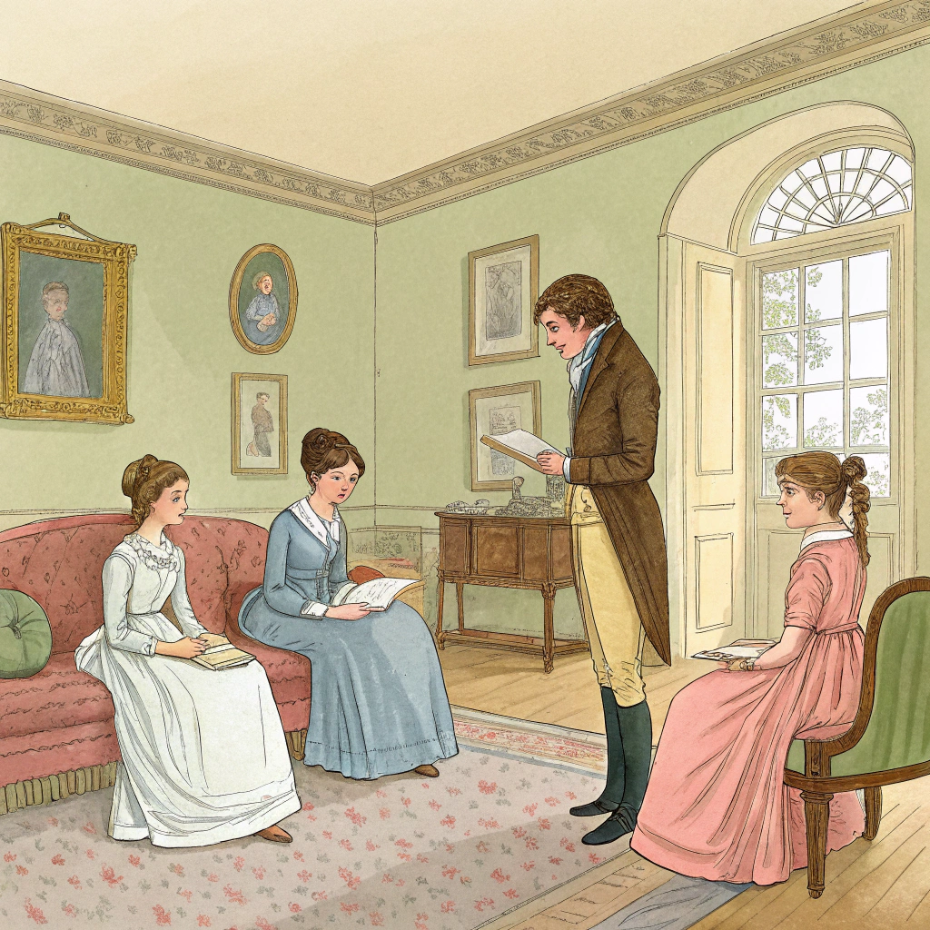 AI generated image by Red Panda AI: En Longbourn, la familia Bennet discute la llegada de Mr. Bingley, un posible pretendiente para sus cinco hijas. La madre ansía casar a sus hijas (Jane, Elizabeth, Mary, Kitty y Lydia), mientras el padre es más cauto.