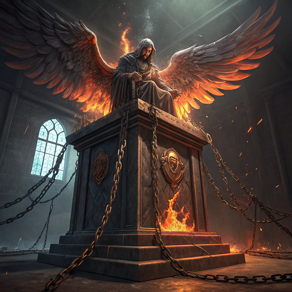 AI generated image by Red Panda AI: There is a large pulpit made of iron. That pulpit had six hundred thousand feet. A very majestic angel, created from fire, was sitting on it. The angel was weaving ropes of fire, making chains and shackles of fire. He had a very fierce and terrifying face. His claws were strong, and his wrath was evident. His head was bowed down.

