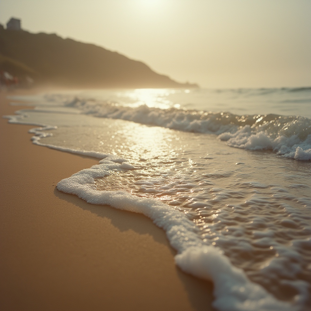 AI generated image by FLUX.1-pro: A serene Spanish beach with gentle waves rolling onto the soft, golden sand. The sunlight casts a warm, diffused glow, reflecting subtly on the water’s surface. The color palette consists of muted beige, warm taupe, and soft gray tones, creating a harmonious and natural aesthetic. The foam of the waves is delicate, blending seamlessly with the smooth shoreline. The background fades into a dreamy, slightly misty horizon. A sense of tranquility and timeless elegance fills the scene. Captured with Fujifilm GFX 100S, GF 80mm f/1.7 R WR, film simulation Acros Yellow, soft contrast, subtle grain, smooth tonal transitions, world-class professional photography