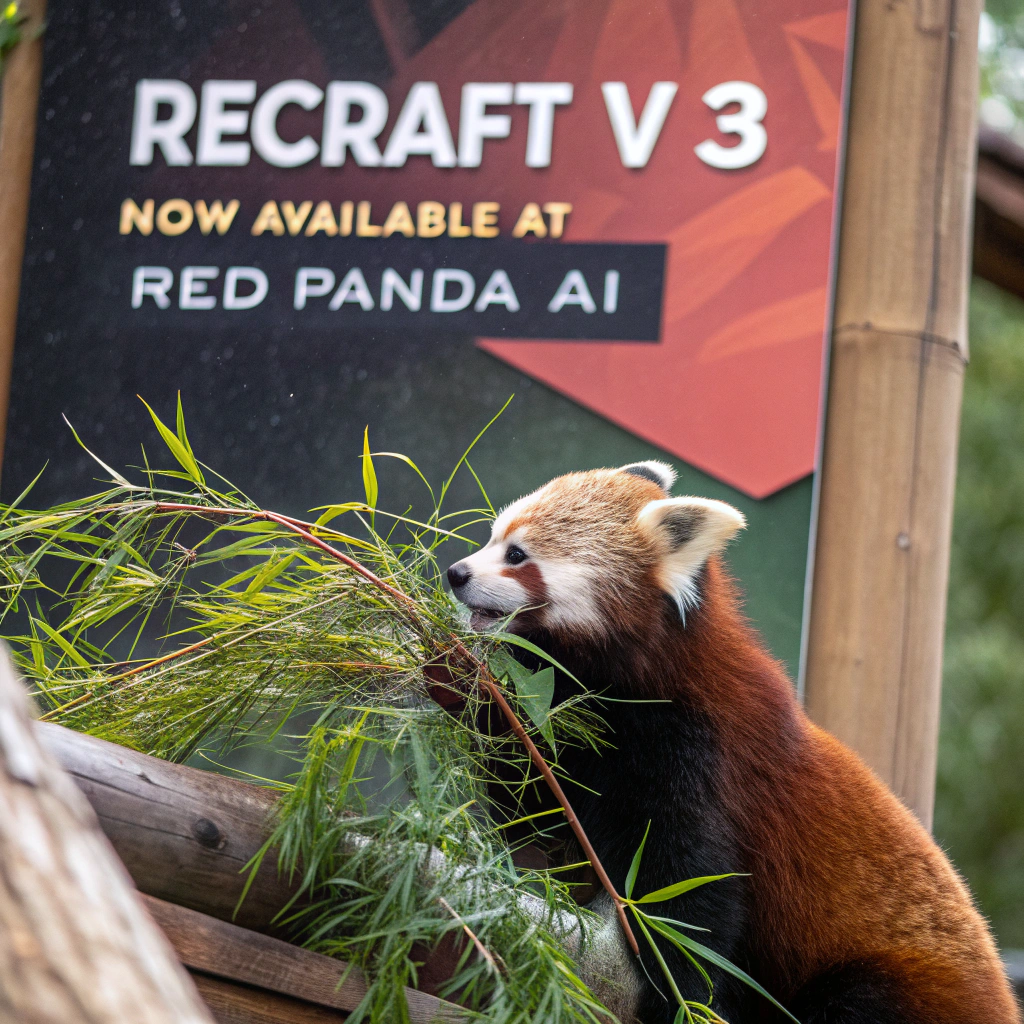 AI generated image by Red Panda AI: a red panda eating a bamboo in front of a poster that says "recraft V3 now available at red panda ai