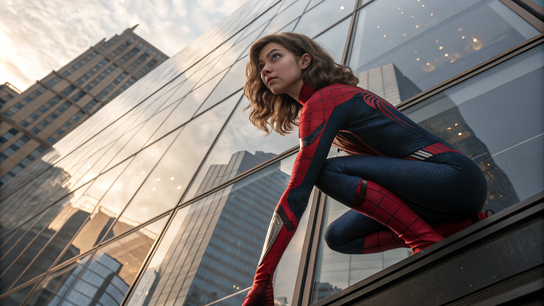 AI generated image by Red Panda AI: Gerar imagem realista de Hermione de Harry Potter, como spider girl
em um prédio espelhado, se baseando na imagem de capa de homem aranha 3. faça mais perto da câmera e ela olhando para a câmera