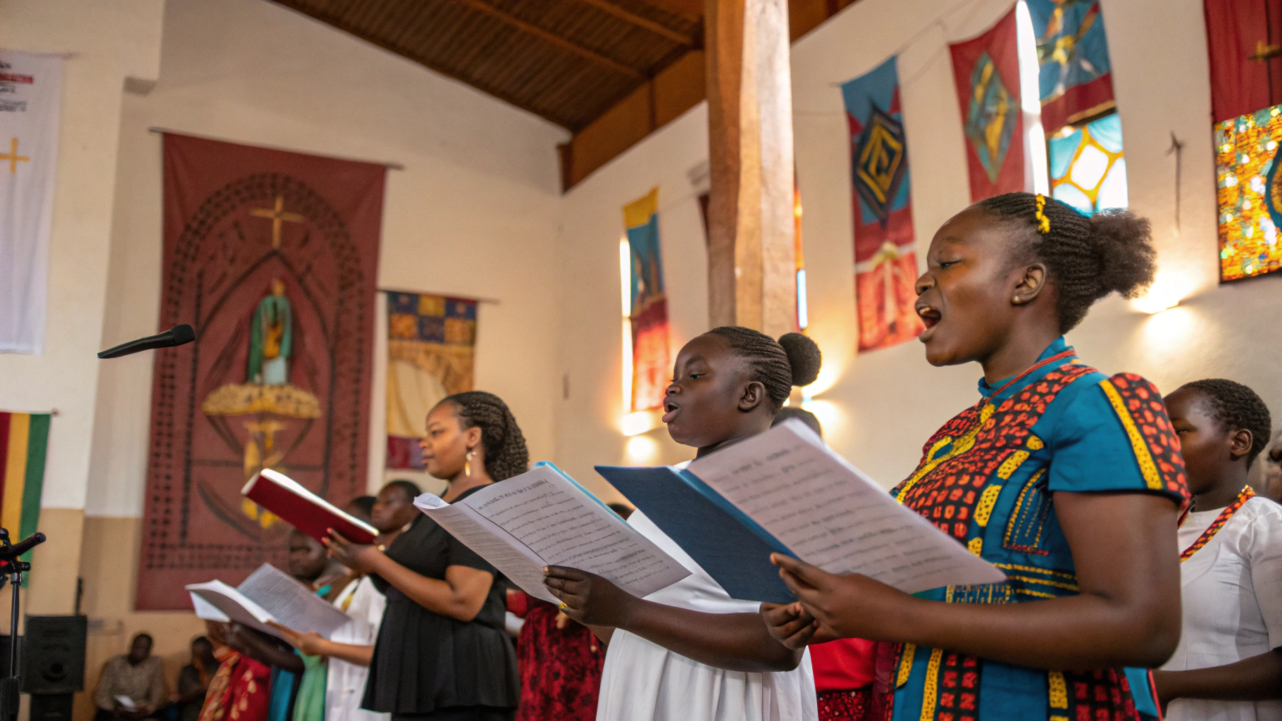 AI generated image by Red Panda AI: Je souhaite une image de chantres en répétition dans une église africaine en 8K.