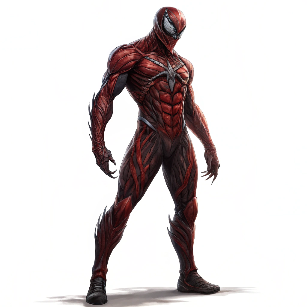 AI generated image by Red Panda AI: a full body image of carnage from marvel comic, stand tall, facing forward, solid white background, realistic