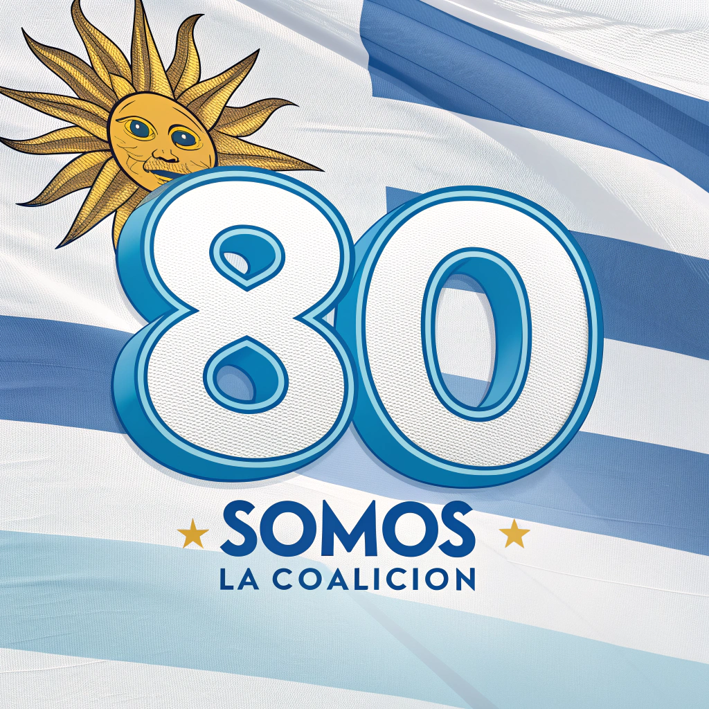 AI generated image by Red Panda AI: Número 80 en colores celeste y blanco con la bandera de Uruguay de fondo
Con la nscripcion somos la coalición 