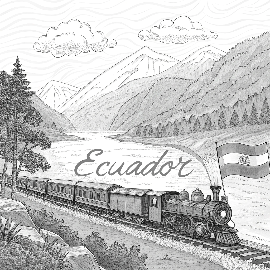 AI generated image by Red Panda AI: "Una ilustración en blanco y negro de un tren de ferrocarril recorriendo un paisaje ecuatoriano. El tren debe ser detallado, con vagones y ruedas bien definidas, y debe estar avanzando por las vías. En el fondo, se deben ver montañas, un río que recuerda al río Guayas, y algunos árboles dispersos En una parte del cielo o del paisaje, debe aparecer la palabra 'Ecuador' en una fuente elegante, como si formara parte del paisaje, ya sea integrada en las montañas o en una franja de cielo. . La bandera de Ecuador debe aparecer de forma simplificada, tal vez ondeando en un lateral

