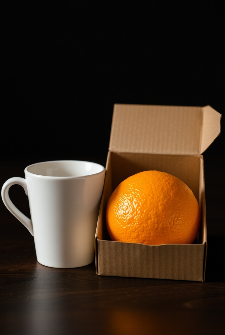 AI generated image by FLUX.1-schnell: an orange in the box,  and a cup next to it