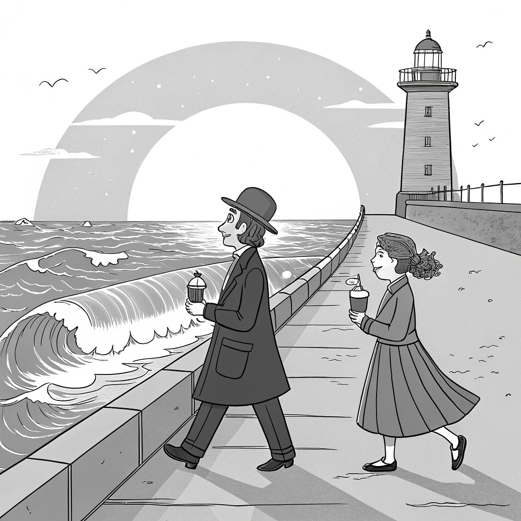AI generated image by Red Panda AI: Generate a black and white image with simple lines, showing a breakwater viewed from the side. At the end of the breakwater, there is a lighthouse where the waves break. A sunset illuminates the scene, and in the center of the image are two people, myself men (29 years old), me with a victorian hat
,  and my girlfriend (25 years old), walking together. We are holding ice cream in cups, and the focus should be on the ice cream, the breakwater, the lighthouse, the waves, us, and the sunset, with no additional details. We want a simple, animated style with Victorian elements in the clothing Victorian-style attire. I am taller than her. The image should have a nostalgic feel, with shadows represented by simple lines. use John Mortensen's style.