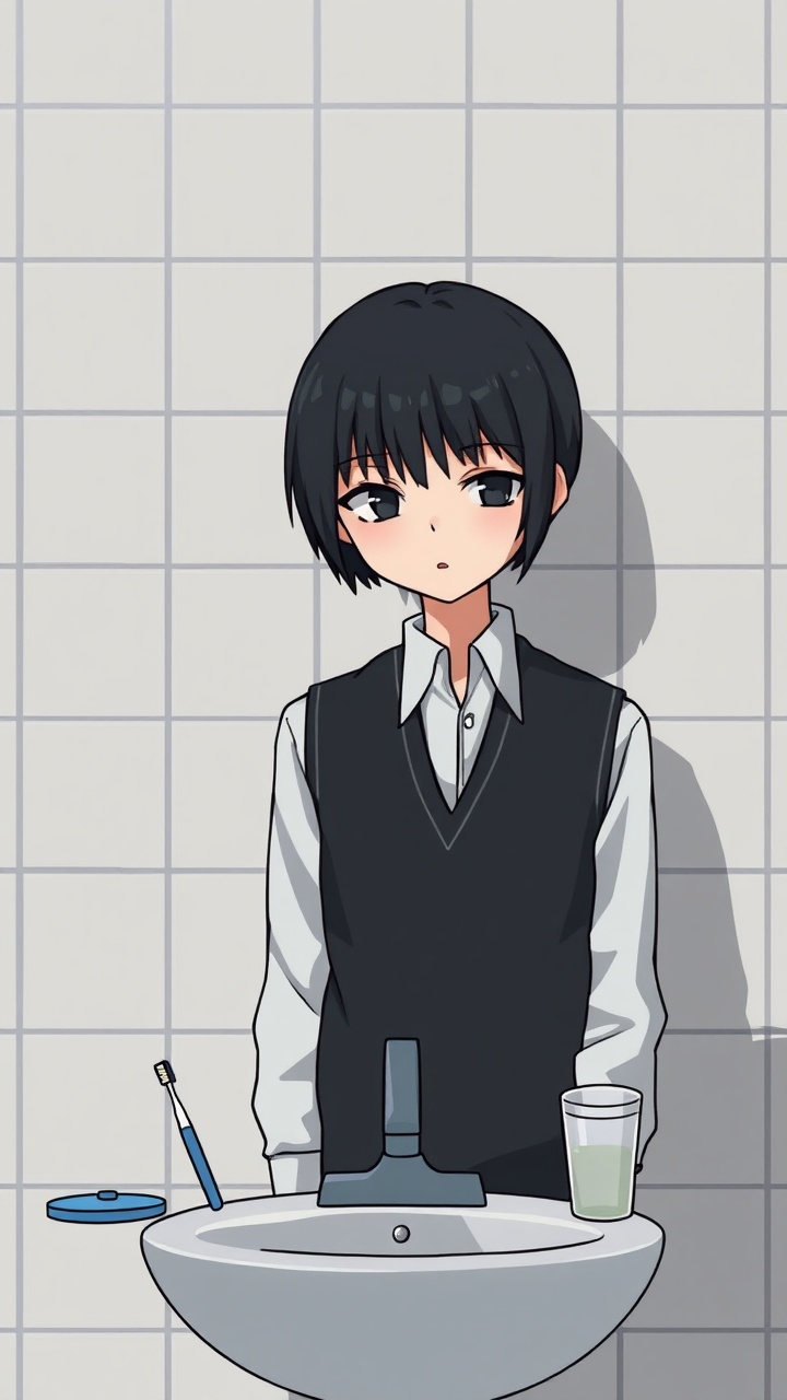 AI generated image by FLUX.1-schnell: Omocat's omori game artstyle, The image depicts a young person standing behind a bathroom sink facing the viewer, their expression somber. Their dark hair is neatly styled, and they are dressed in a white shirt with a dark vest. The tiled walls behind them are plain and featureless, creating a sense of isolation. The sink faces the subject. The only other elements in the scene are a toothbrush and a glass on the counter, suggesting a routine that the individual may find difficult to engage in. The overall mood of the image is melancholic, hinting at a sense of loneliness or sadness. The subdued colors and minimalist composition further contribute to the somber atmosphere.  The image leaves room for interpretation, inviting viewers to consider the inner thoughts and feelings of the subject.