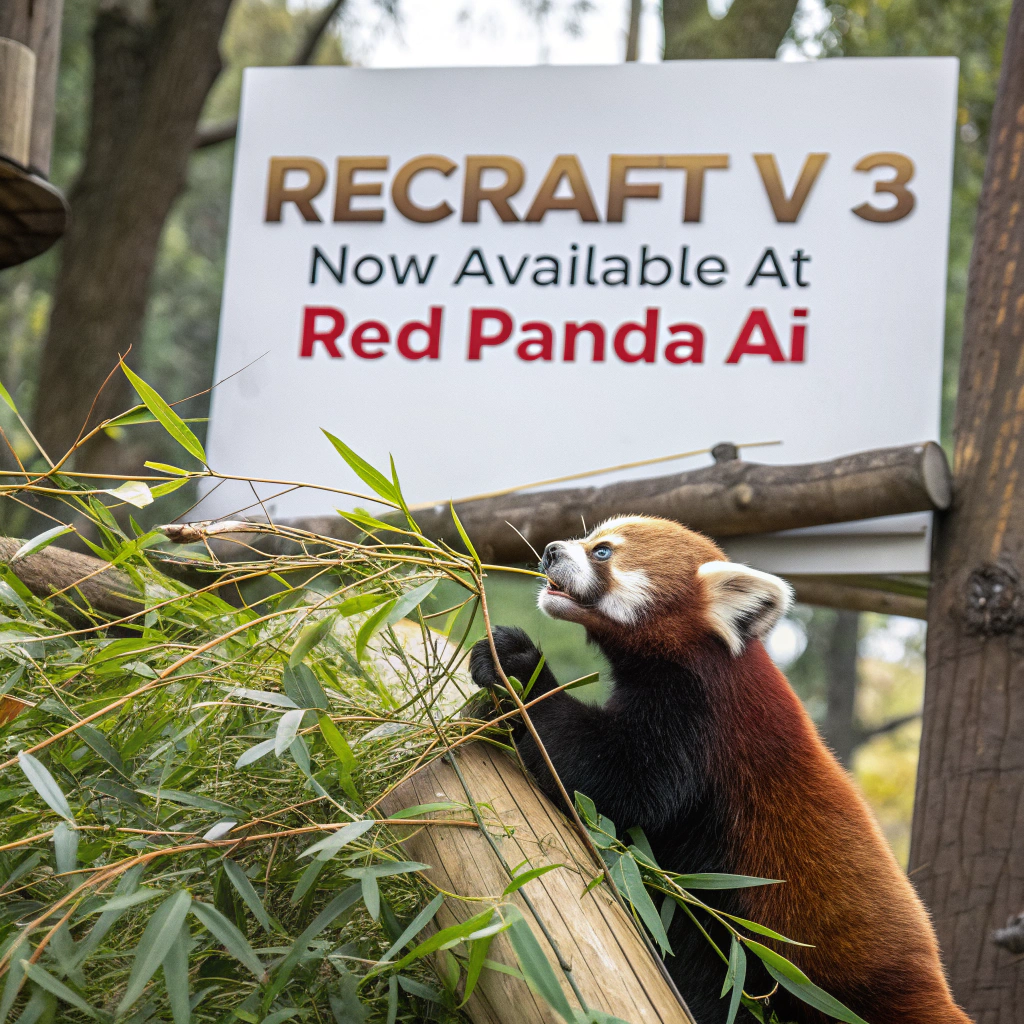 AI generated image by FLUX.1-schnell: a red panda eating a bamboo in front of a poster that says "recraft V3 now available at red panda ai