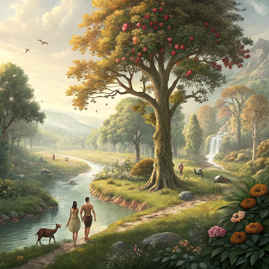 AI generated image by Red Panda AI: The Garden of Eden "A realistic natural paradise with tall trees loaded with colorful fruits, rivers of crystal clear water and animals living in harmony. In the center of the landscape, a special tree with golden leaves and shiny fruits stands out. Adam and Eve walk hand in hand, surrounded by a calm and bright atmosphere."