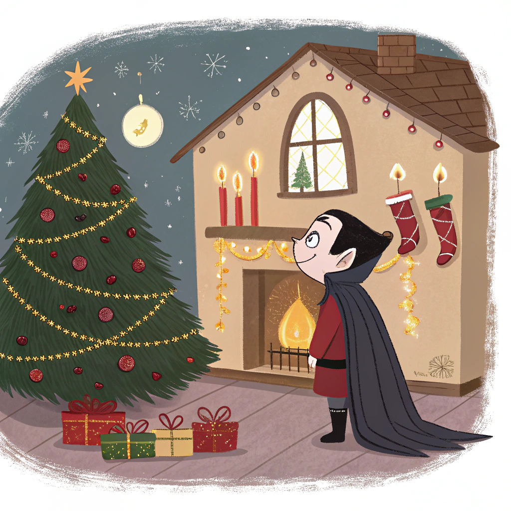 AI generated image by Red Panda AI: crea un vampiro men la navidad adentro de su casa

