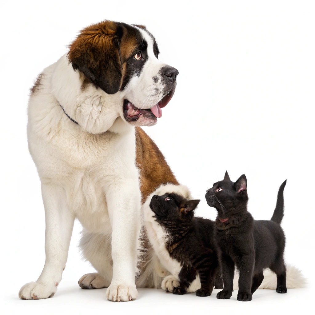 AI generated image by Red Panda AI: 1 Saint Bernard dog With a 1 full White cat and 2 black cats and 1 puppy black dog 