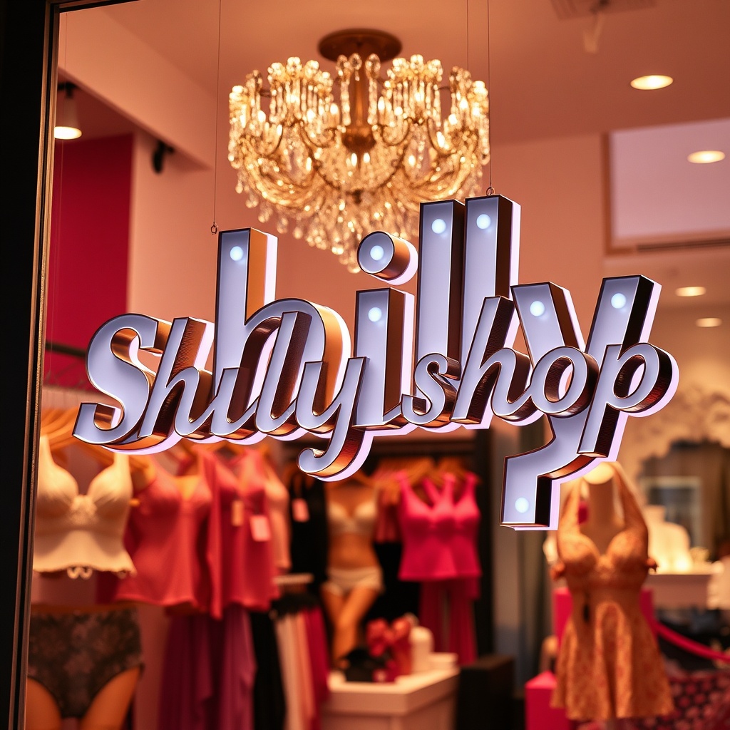 AI generated image by FLUX.1-schnell: 3D extruded text written on a sign in a fashionable lingerie store: shily shop