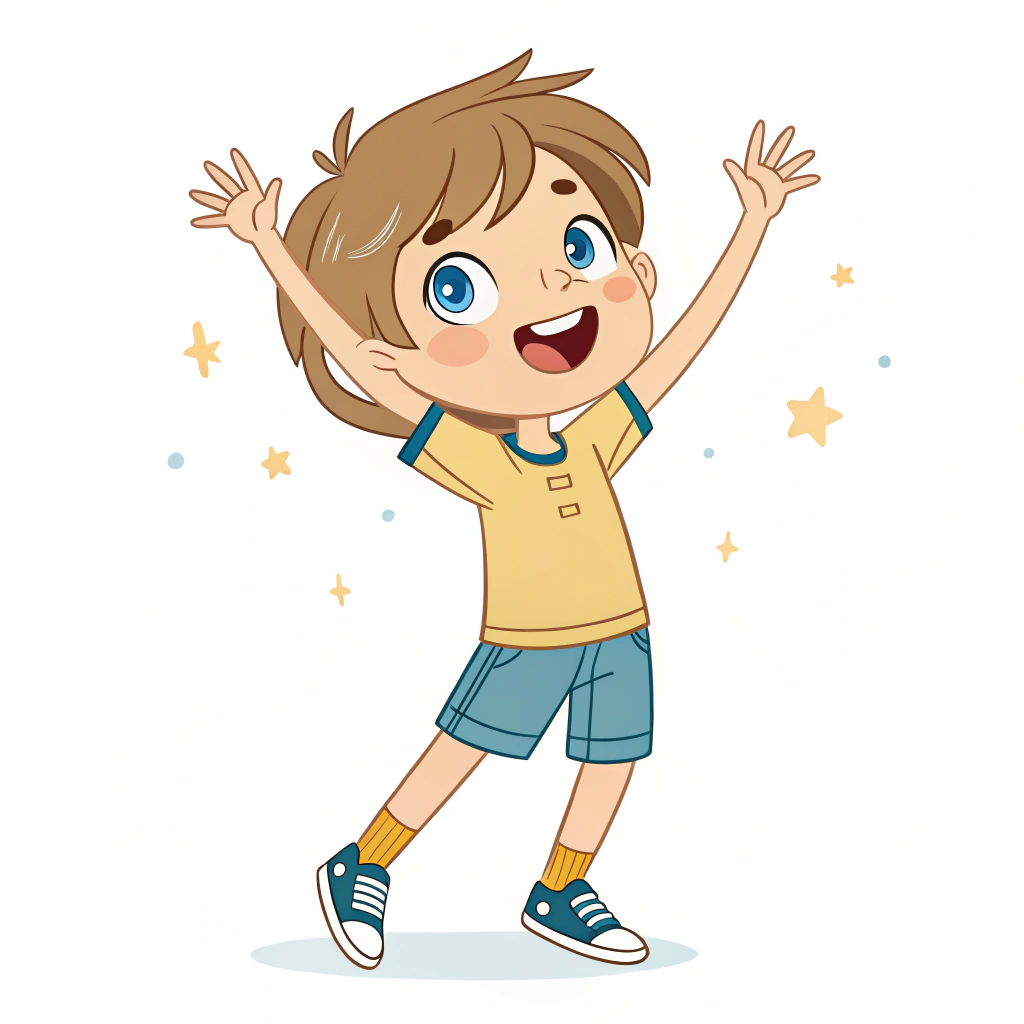 AI generated image by Red Panda AI: Cheerful 11 year old boy with medium length hair and blue eyes wearing shorts and tshirt