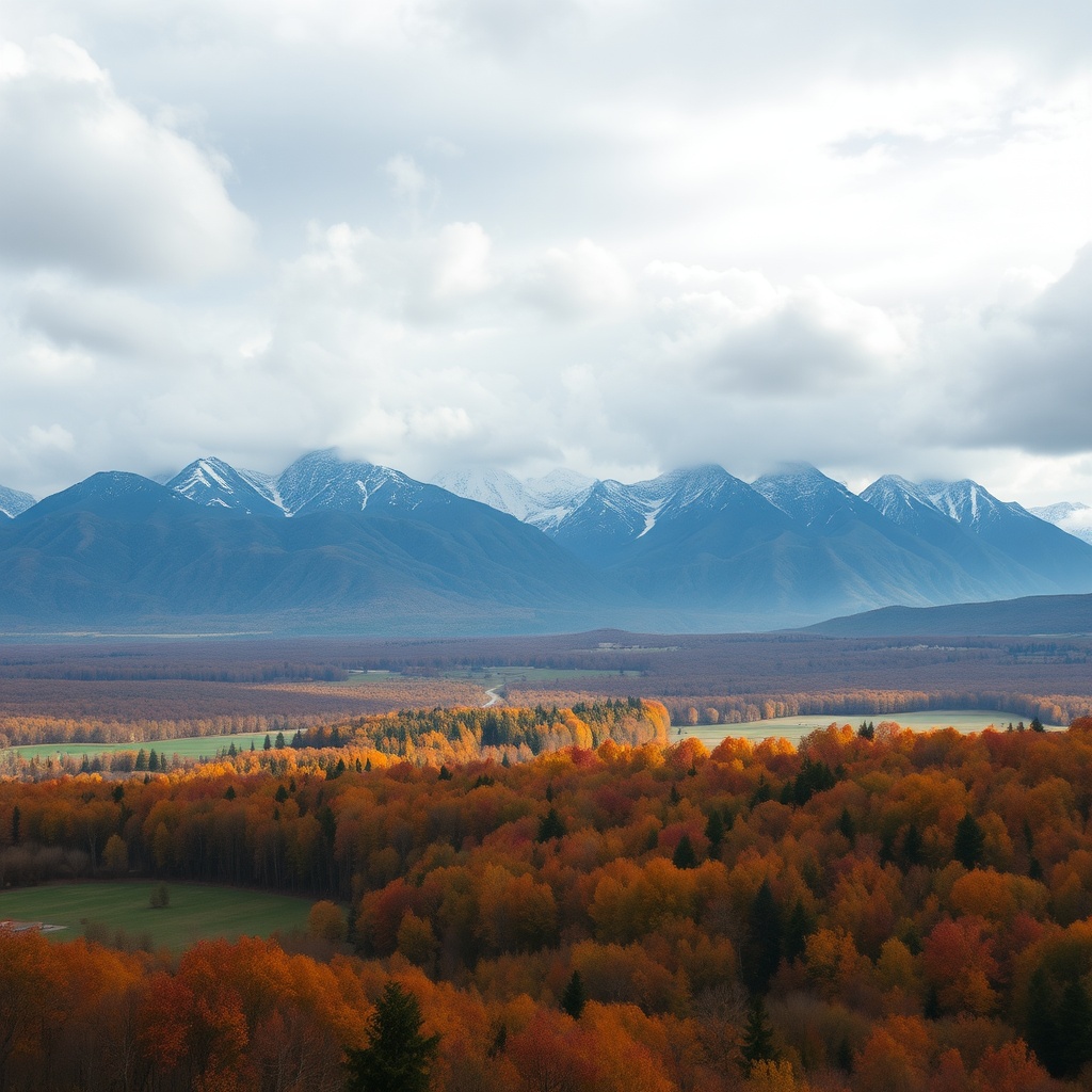 AI generated image by FLUX.1-schnell: A white stormy sky overlooking autumn fields with fantasy mountains in the background 