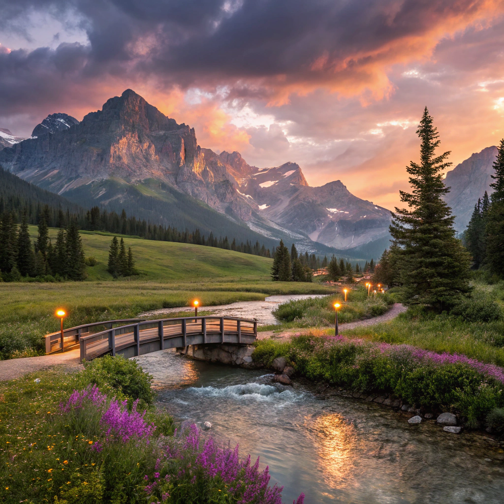 AI generated image by Red Panda AI: Imagine a stunning landscape at dusk, with majestic mountains in the background and a crystal-clear river reflecting the sky in shades of orange, pink and purple. The surrounding vegetation is lush, with tall trees and colorful flowers scattered across green fields. In the foreground, a small, curved wooden bridge spans the river, with soft lights illuminating its path. The sky is filled with soft clouds, creating a serene atmosphere, and there is a light mist floating over the river, adding a magical touch. The scene conveys a feeling of tranquility and wonder, as if it were a place lost in time, perfect for contemplation.