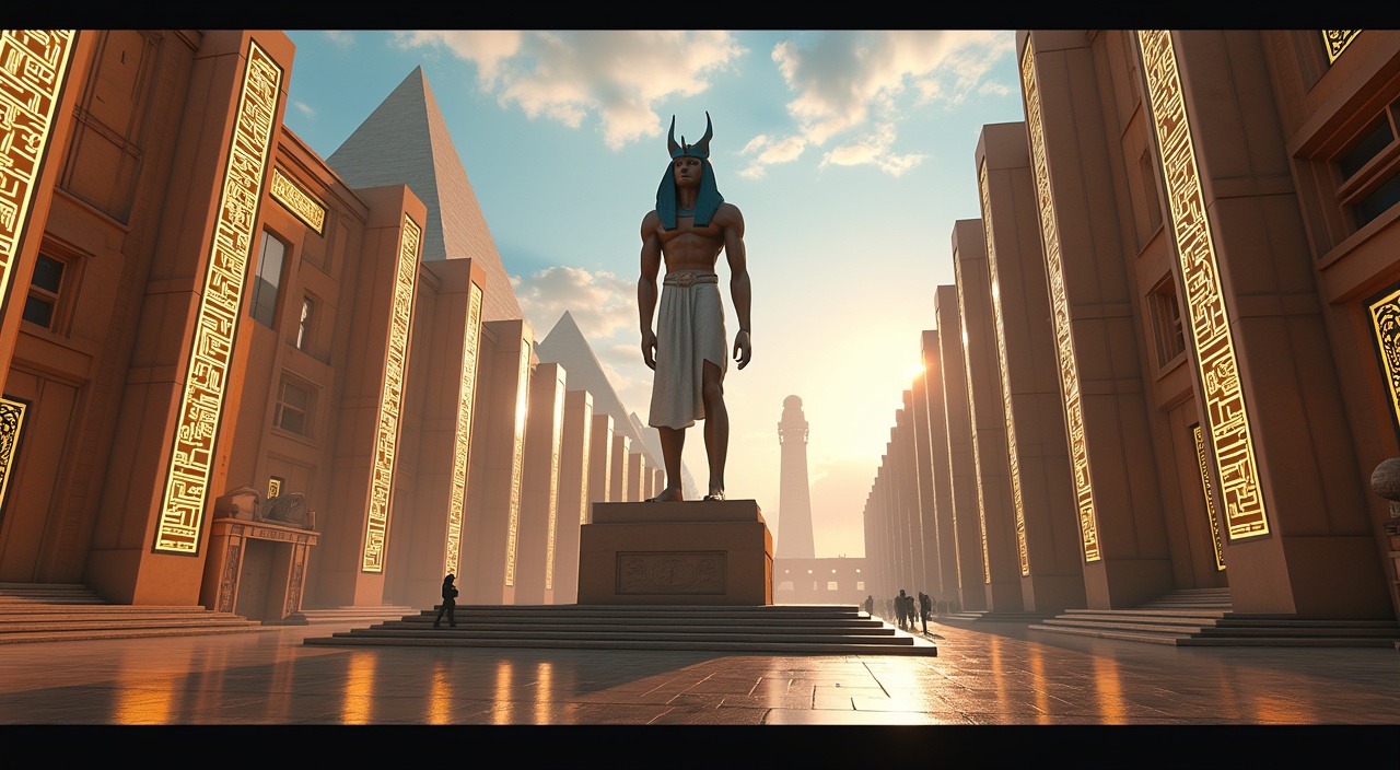 AI generated image by FLUX.1-pro: Envision a sci-fi 3D, hyper-realistic city center, where Egypt is reimagined on another planet. This futuristic scene, reminiscent of Times Square, showcases a statue of osiris, pyramids, and Egyptian architecture, along with glowing panels decorated with hieroglyphs, all set in a world devoid of cars, presented in a cinematic render. The view is a high-quality, close-up zoom.