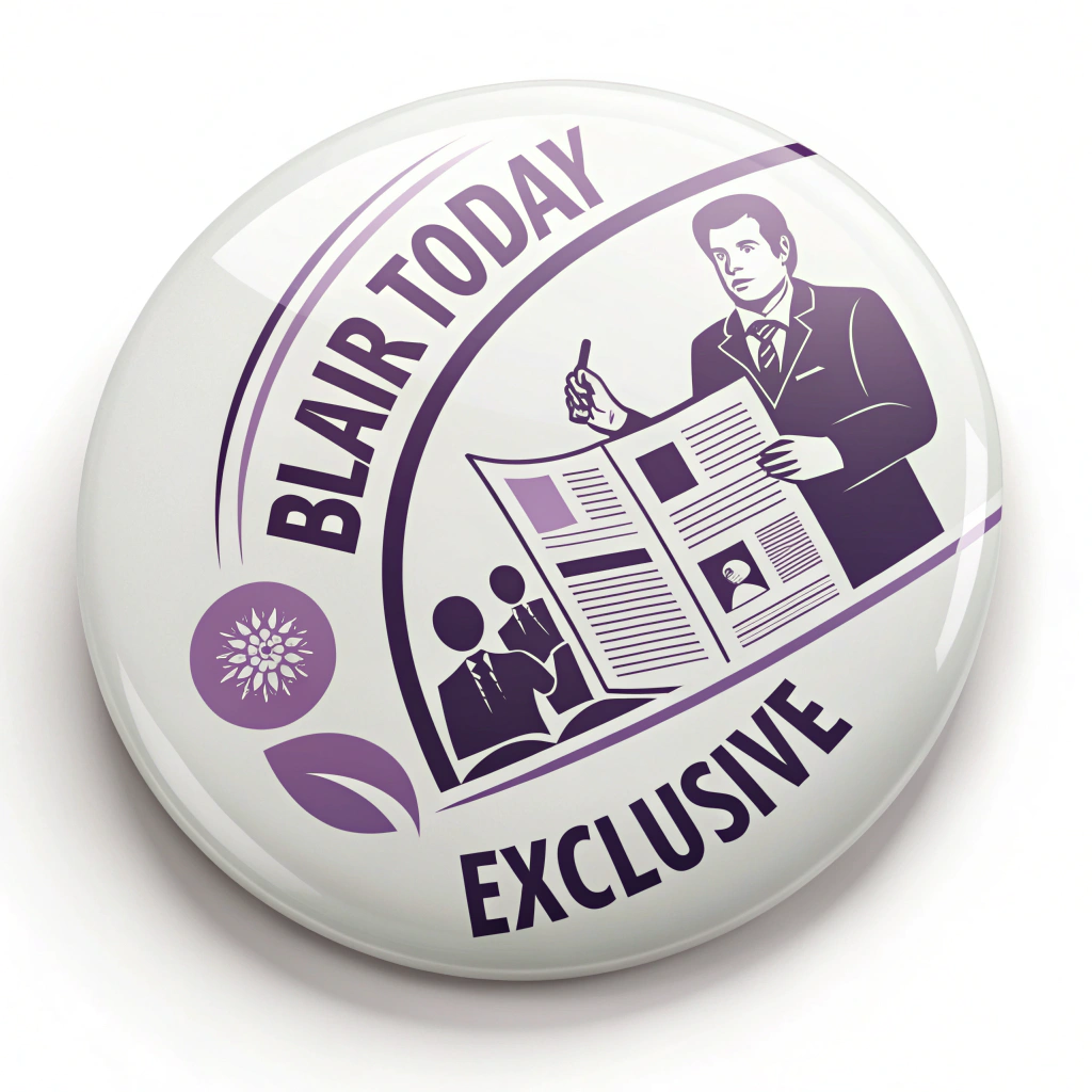 AI generated image by Red Panda AI: "BlairToday EXCLUSIVE" button circle for a newspaper.  On White Background.  Clear, strong font.  Purple motif.  Newspaper motif.  News media.  "BlairToday EXCLUSIVE" journalist avatar
