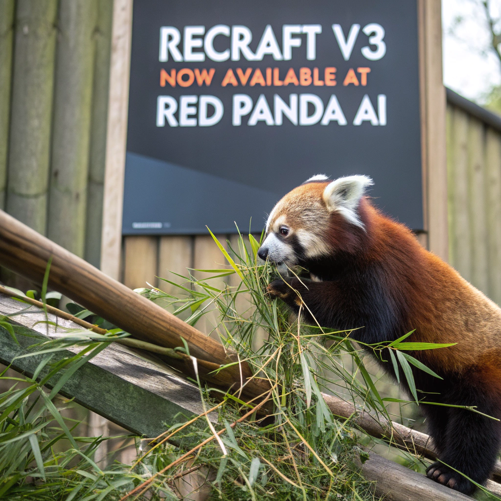 AI generated image by Red Panda AI: a red panda eating a bamboo in front of a poster that says "recraft V3 now available at red panda ai
