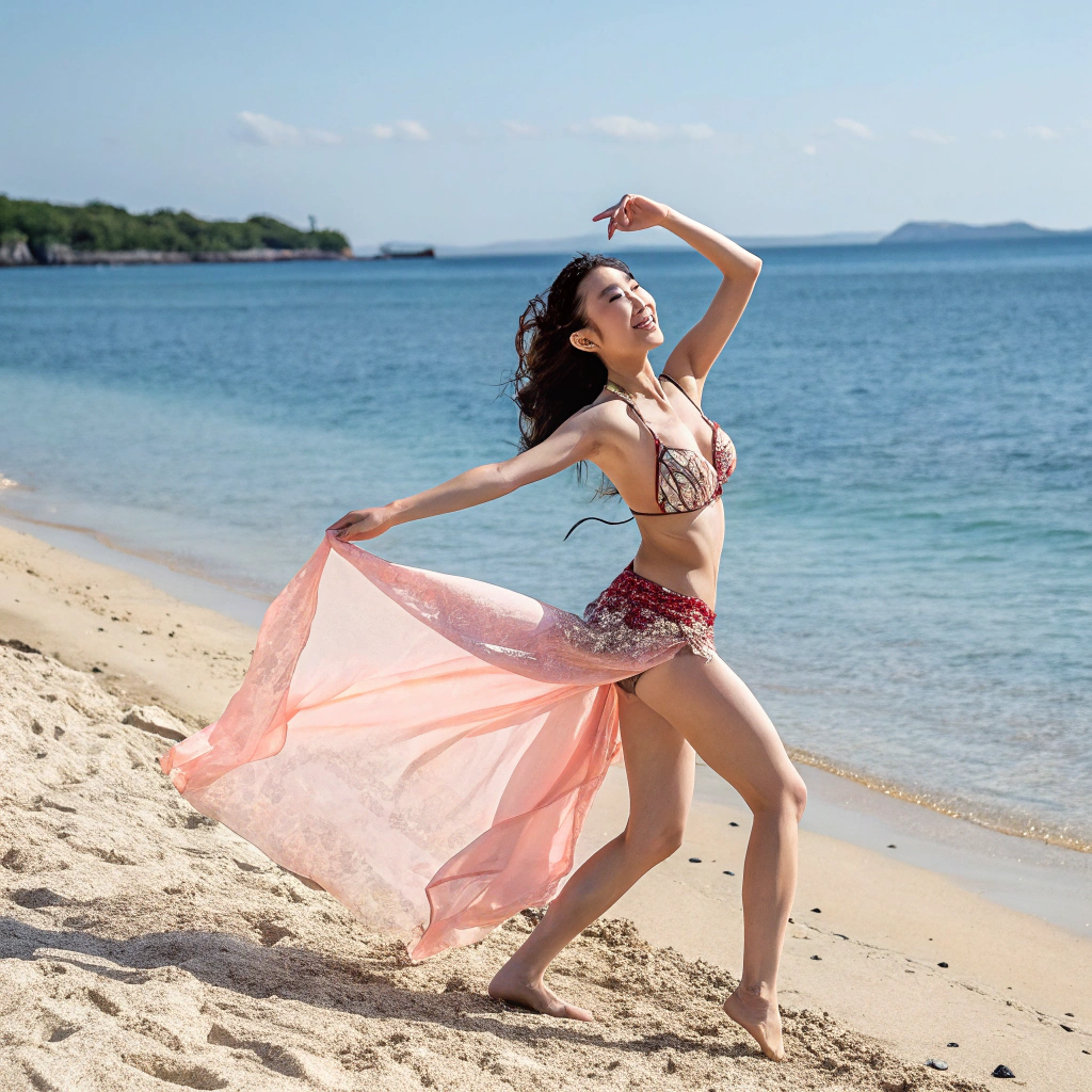 AI generated image by Red Panda AI: a sexy Chinese girl dancing on the beach