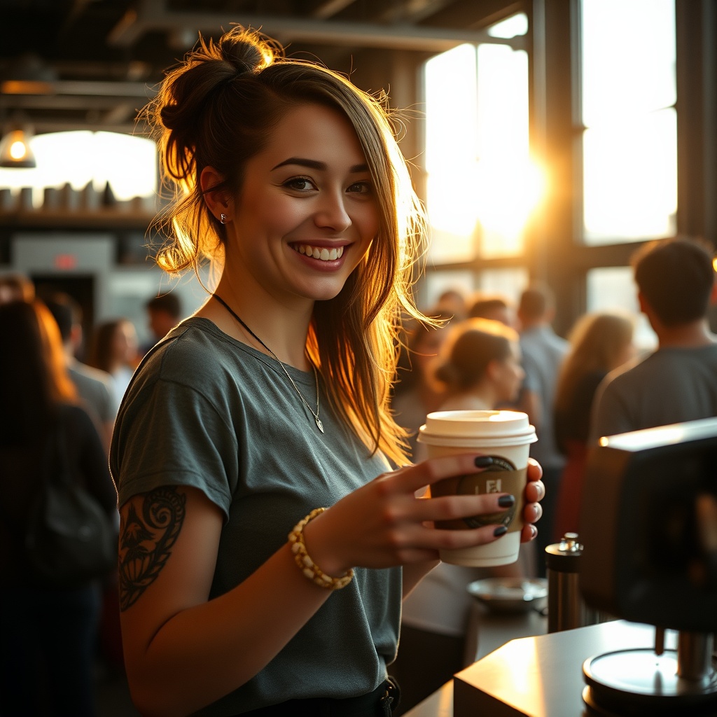 AI generated image by FLUX.1-schnell: Beautiful woman working as a barista at a crowded coffee urban coffee shop, she's smiling, punk barista, she's serving you coffee in a to go cup with a lid, wearing a tshirt, tattoos, female employee, sunrise coming in through the windows, crowds of people, warehouse architecture, luminescent,  realistic skin, realistic photo, beautiful, gorgeous,  stunning, breathtaking, attractive, exquisite, alluring, mesmerizing, ravishing, splendid, magnificent, graceful, dazzling, striking, enchanting, radiant, resplendent, bewitching, glamorous, 
delightful, enthralling, fascinating, winsome, picture-perfect, captivating, irresistible, confident, Ultra high definition, picture, photograph, ultra realistic, Analog photography, high quality, Fujifilm, 105mm professional photography, dslr, high quality film, Fujifilm xt3, film still, highly detailed, 8K, cinematic lighting, hd, high resolution, intricate detail, digital painting, sharp focus, trending on artstation,  
