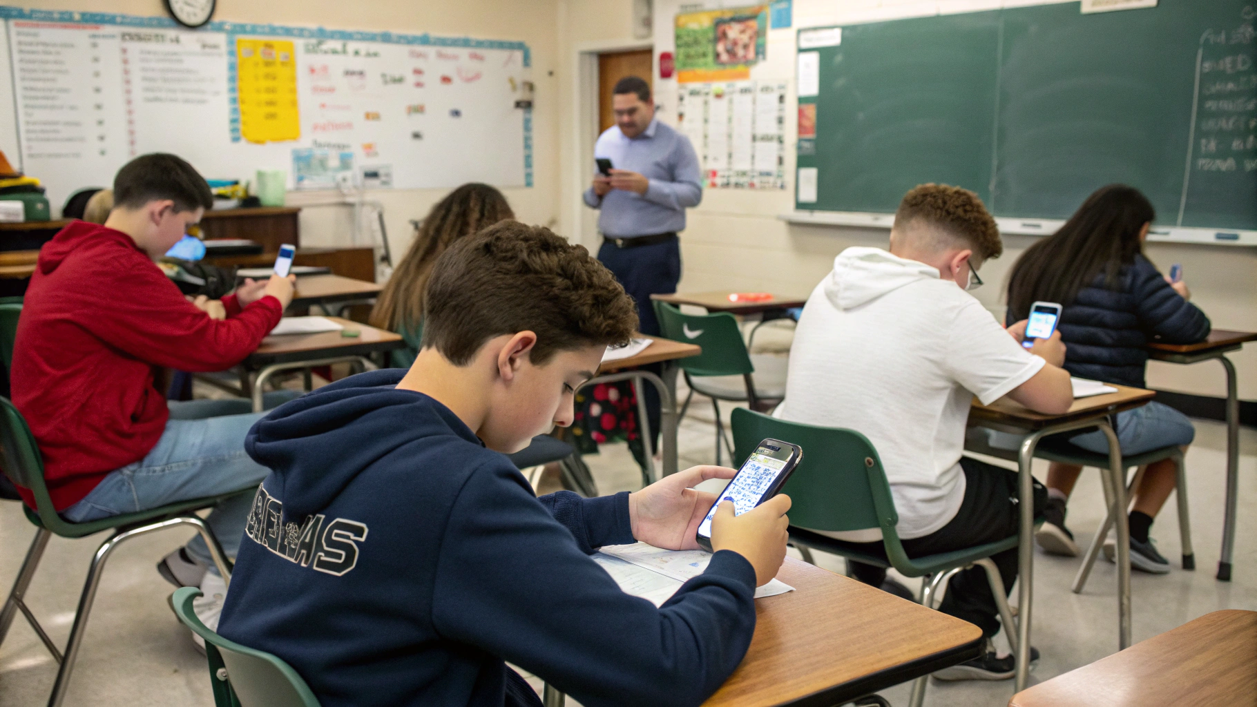 AI generated image by Red Panda AI: Une salle de classe avec des collégiens qui sont en train de regarder leur téléphone au lieu d'écouter le prof