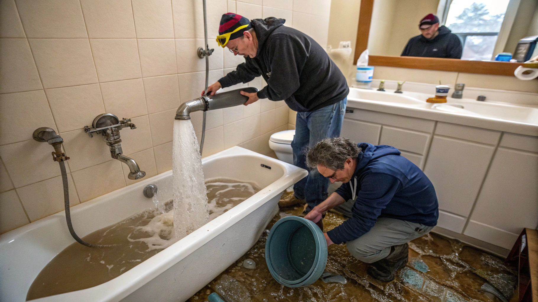 AI generated image by Red Panda AI: trying to fill a bathtub while someone else is draining it through a much larger pipe
