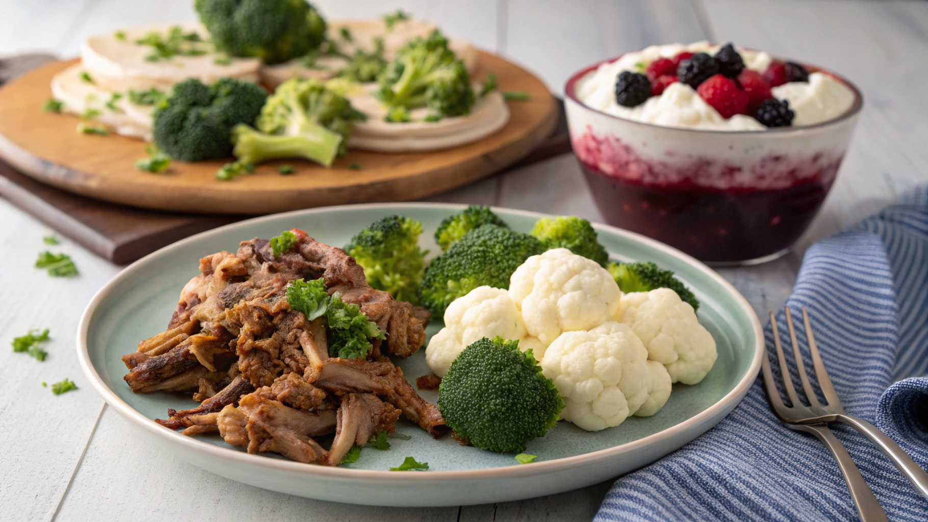AI generated image by Red Panda AI: Pulled Pork, cooked broccoli and cauliflower, and Berry Dessert with whipped cream meal, high resolution, instagram photo, hyper real