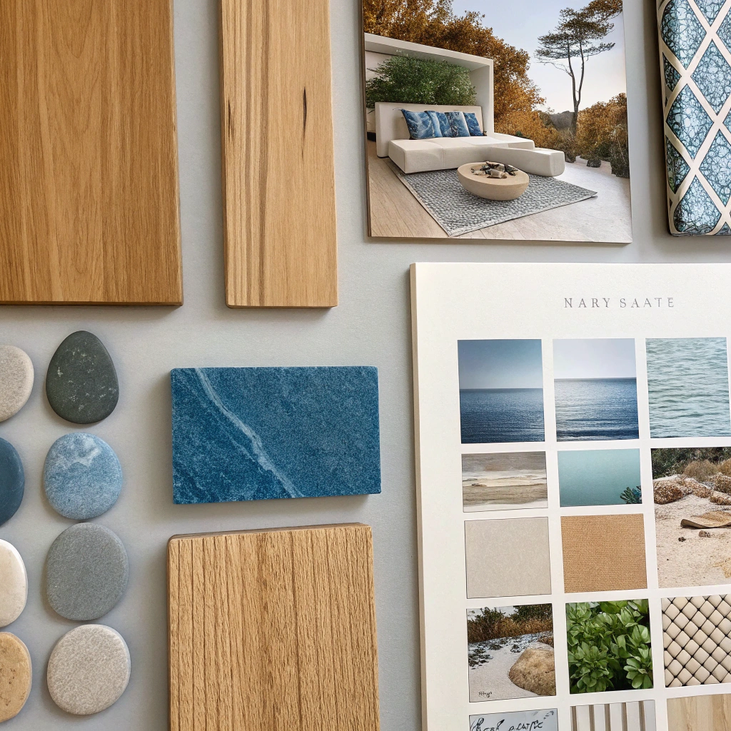 AI generated image by FLUX.1-schnell: un mood board d'architecture d'intérieur. Le mood board doit reprendre des matières naturelle comme le bois et la pierre (bleue) 