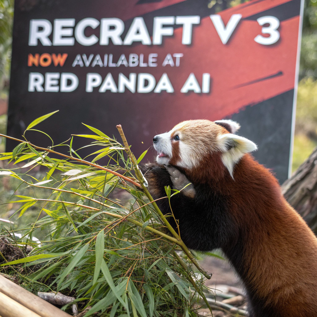 AI generated image by Red Panda AI: a red panda eating a bamboo in front of a poster that says "recraft V3 now available at red panda ai
