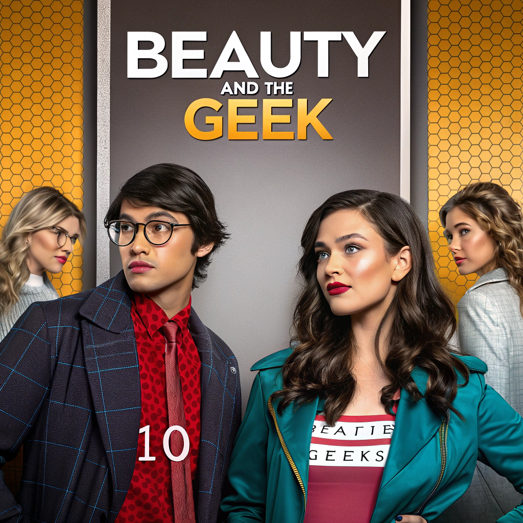 AI generated image by FLUX.1-schnell: A modern, edgy key art design for Beauty and the Geek. The image shows a mixed-gender lineup of 10 Beauties and 10 Geeks, (Beauties in bold, trendy attire and Geeks in polished, quirky outfits). They stand side by side with contrasting expressions—some confident, others slightly nervous—capturing their personalities.  On this show opposites will attract!  Use key art for netflix shows as inspo
