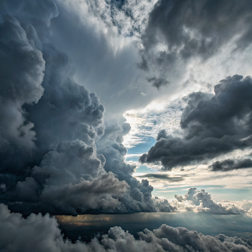 AI generated image by Red Panda AI: quiero una imagen donde se vean puras nubes grices y gris oscuro y la toma de la camara sea en el cielo entre las nubes