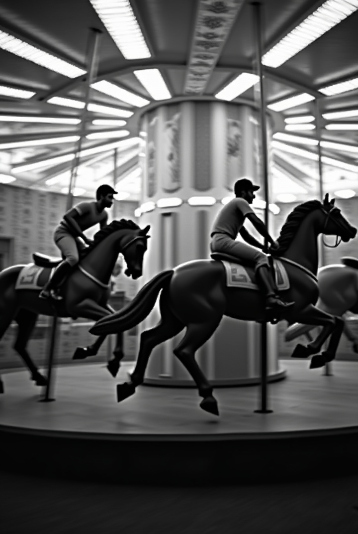 AI generated image by FLUX.1: A closeup black and white photo of jockeys racing carousel. The race contest is very intense and dramatic. Motion blur. Backlight 