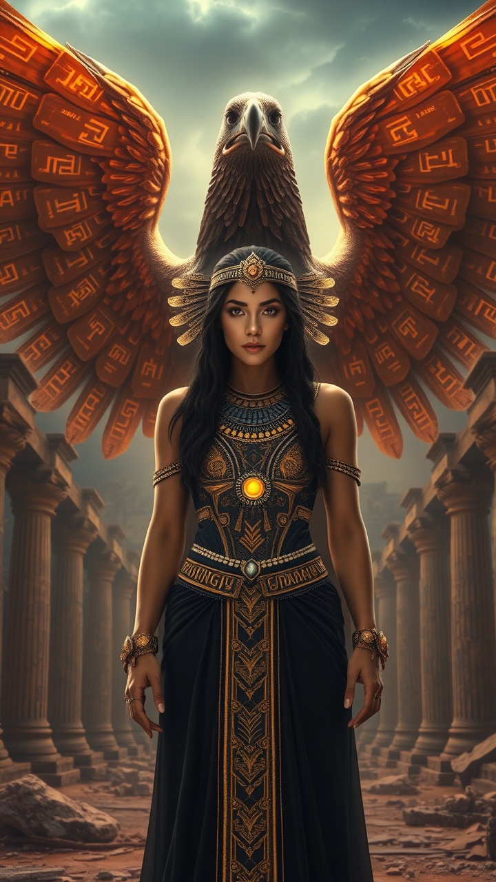 AI generated image by FLUX.1-schnell: Full body hyper-realistic cinematic portrait of Isis in mafia style. Beautiful woman with lifelike facial features, dark hair with golden headdress, wearing a regal black and gold gown with glowing jewelry. Behind her rises a muscular hawk-hybrid with humanoid torso, massive glowing wings etched with golden hieroglyphs. Full body view, ancient ruins under glowing storm sky, cinematic realism, ultra-detailed